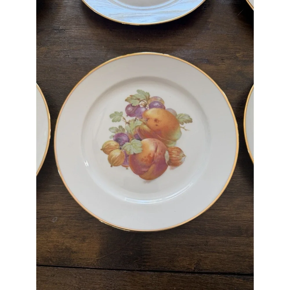 Josef Kuba Vintage Western Germany Fruit Plates Set of 6 Gold Trim Porcelain 8